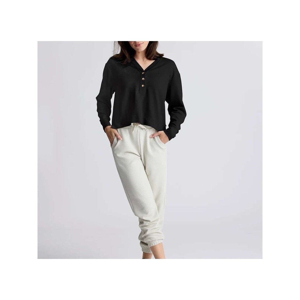Free Fly Long Sleeve Waffle Henley Women's XXL Black Crop Athleisure NWT